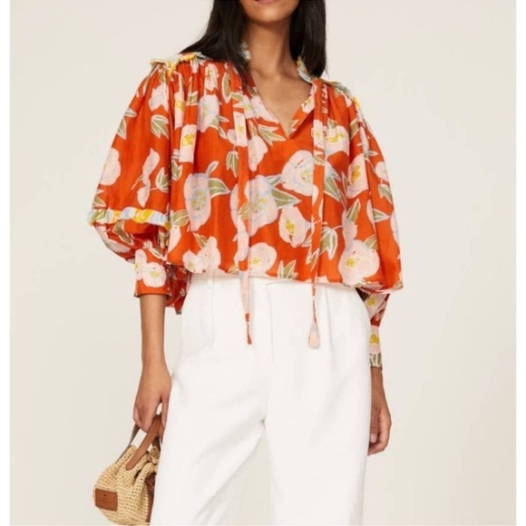 Carolina K Fiore‎ Red Orange Peony Floral Blouse Sz L